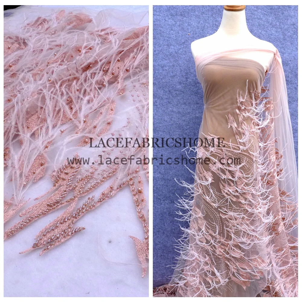 Super nice workmanship nude feather pearls on net yarn embroidery stage dress/evening dress lace fabric 65cm by yard