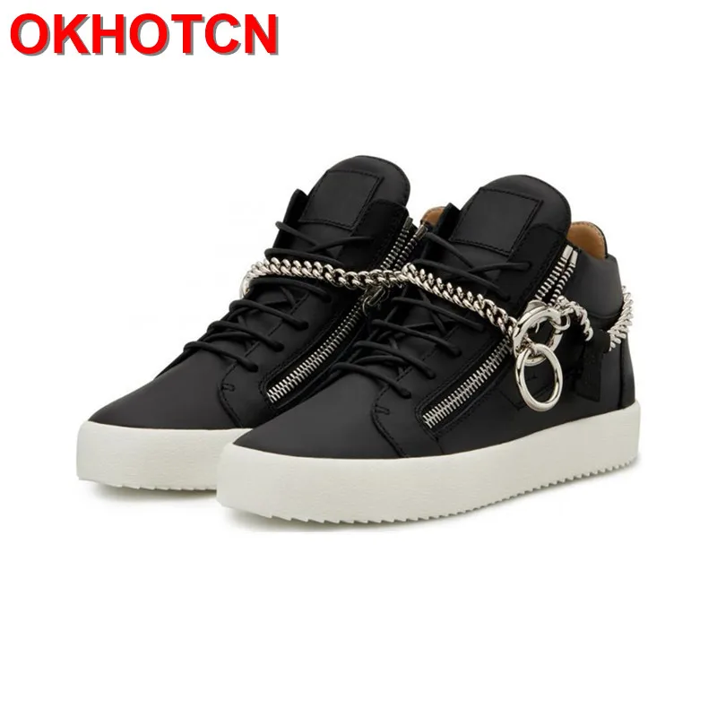 Lace Up Mens Sneakers Casual Leather Shose Men Side Zipper Chain Flats Height Increasing Men Shoes Spring Autumn White Shoes Men