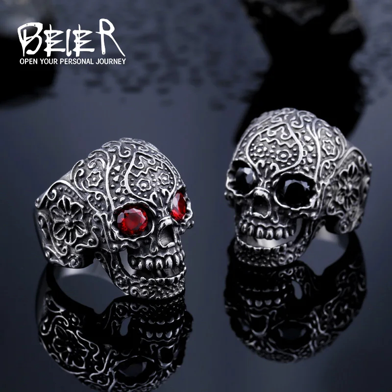 Beier 316L stainless steel ring hot sale punk biker skull man Classic Garden Flower Skull ring fashion jewelry LLBR8-430R