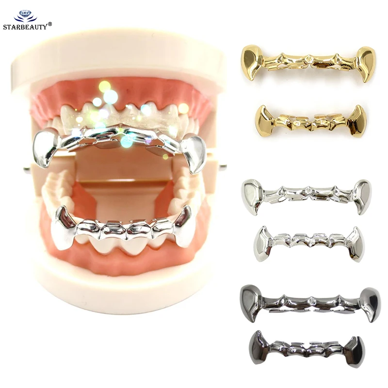 Starbeauty Grillz Set 4 Color Hip Hop Grillz Half Teeth Dracula Vampire Fangs Slim Grills Gold Top & Bottom Teeth Set