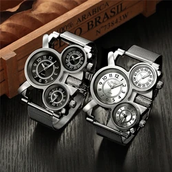 Oulm Mesh Mens Watches 톱 브랜드 럭셔리 멀티 타임 존 남성용 시계 남성 쿼츠 아웃 도어 스포츠 손목 시계 reloj hombre