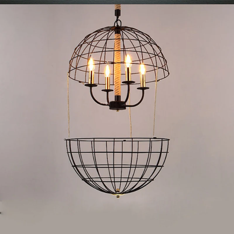 Creative American retro hemp rope earth pendant lamp iron cage LED lighting restaurant decoration chain ball pendant Fixture