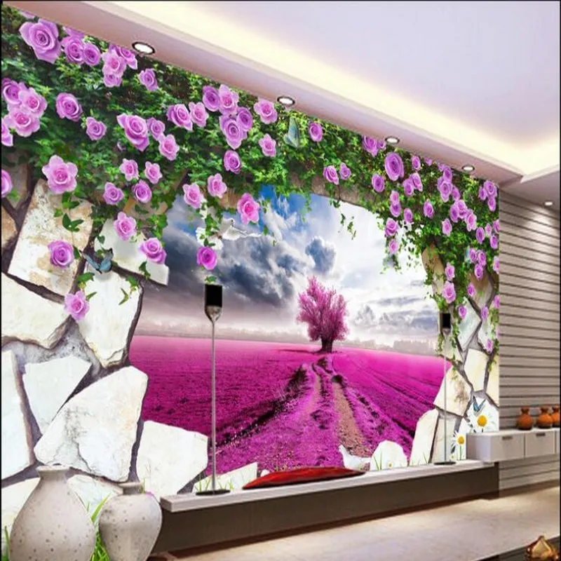 

wellyu Custom large - scale murals fantasy lavender yellow flower purple pink TV background wall non - woven wallpaper