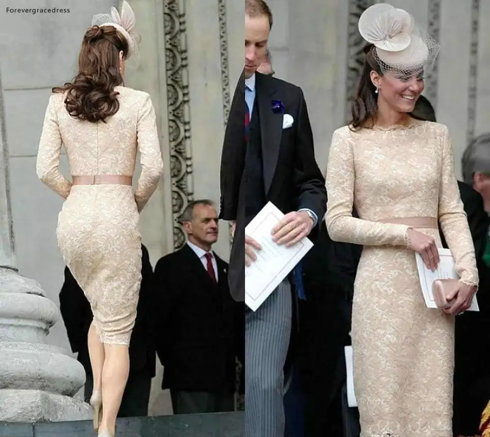 Kate Middleton manches longues robes de soirée 2019 Champagne genou longueur célébrité vacances porter formelle fête robes de bal grande taille