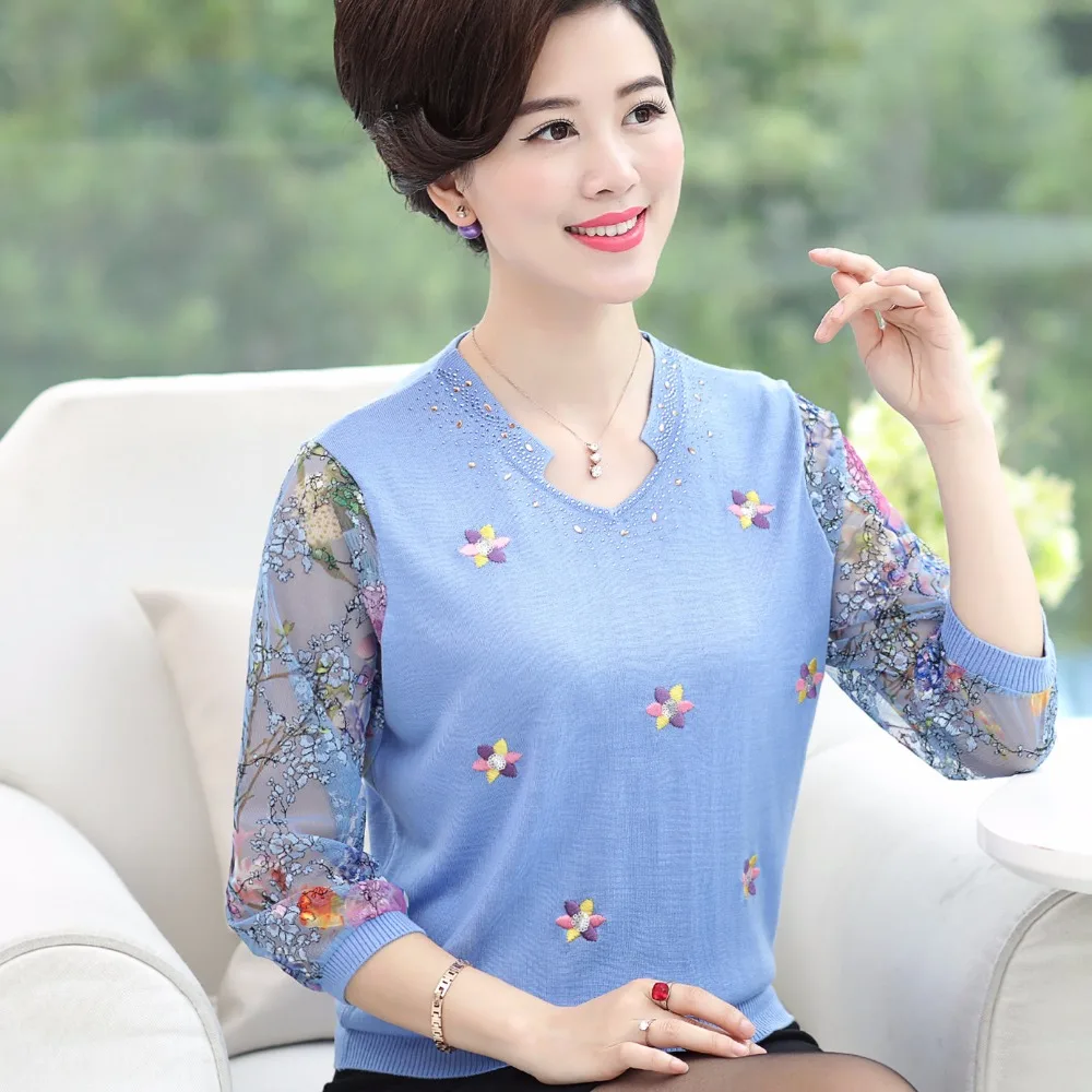 Vrouwen bloemen blouse elegante kant mouw lente zomer dames borduren knit blouse tops