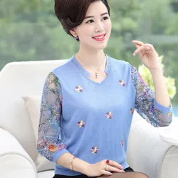 Women's floral blouse elegant lace sleeve shirt spring summer ladies embroidery knit blouse tops