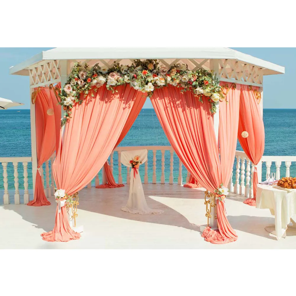 

Blue Sky and Sea Beach Party Photo Backdrop Vinyl Printed Pavilion Coral Curtains Flowers Wedding Scenic Photography Backgrounds