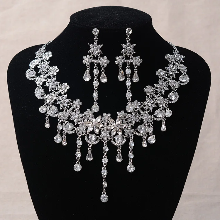 Luxury Silver Color Crystal Flowers Bridal Jewelry Set For Women Statement Necklace Earring Rhinestone Tiara Wedding Accessories