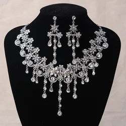 Luxury Silver Color Crystal Flowers Bridal Jewelry Set For Women Statement Necklace Earring Rhinestone Tiara Wedding Accessories