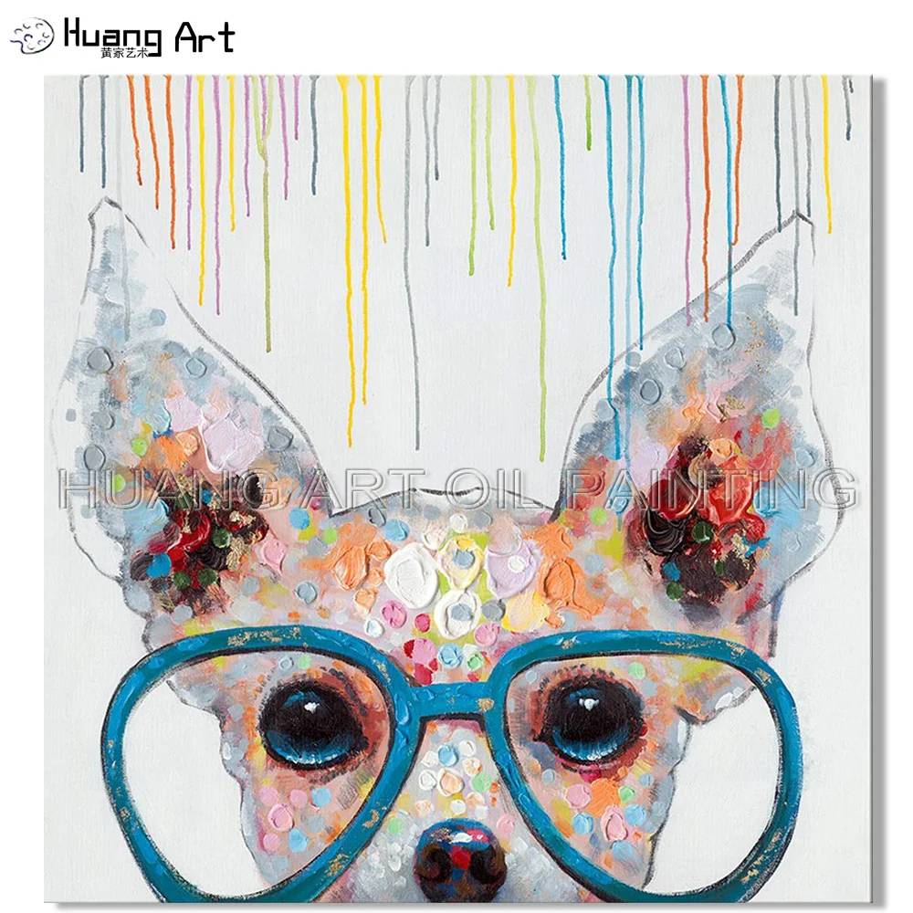 Painter Team Supply High Quality Handmade Knife Animal Dog Oil Painting on Canvas Handmade Funny Puppy with Glasses Oil Painting