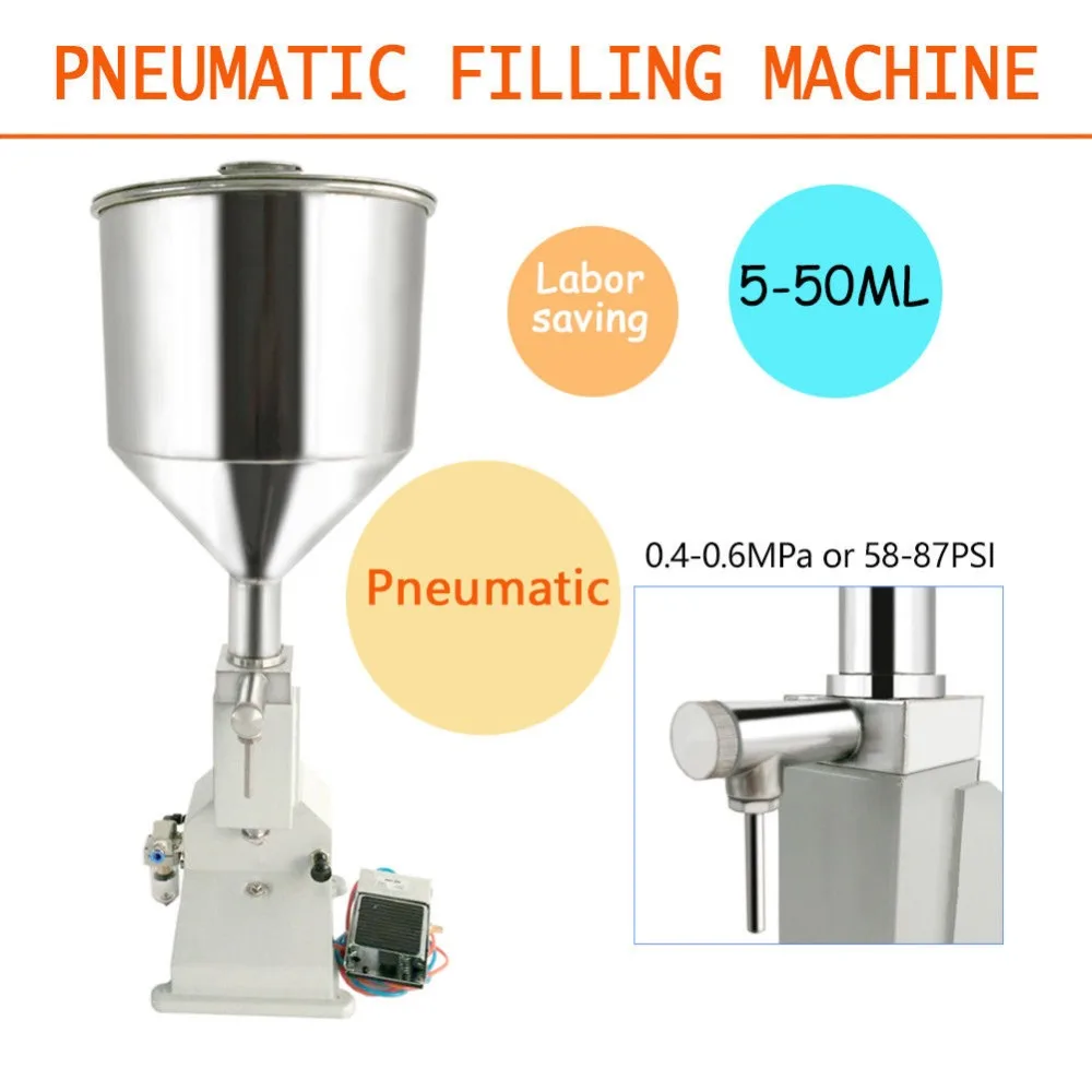 A02 Pneumatic Liquid Paste Filling Machine 5-50ml with 10L Hopper for Cream Shampoo Cosmetic