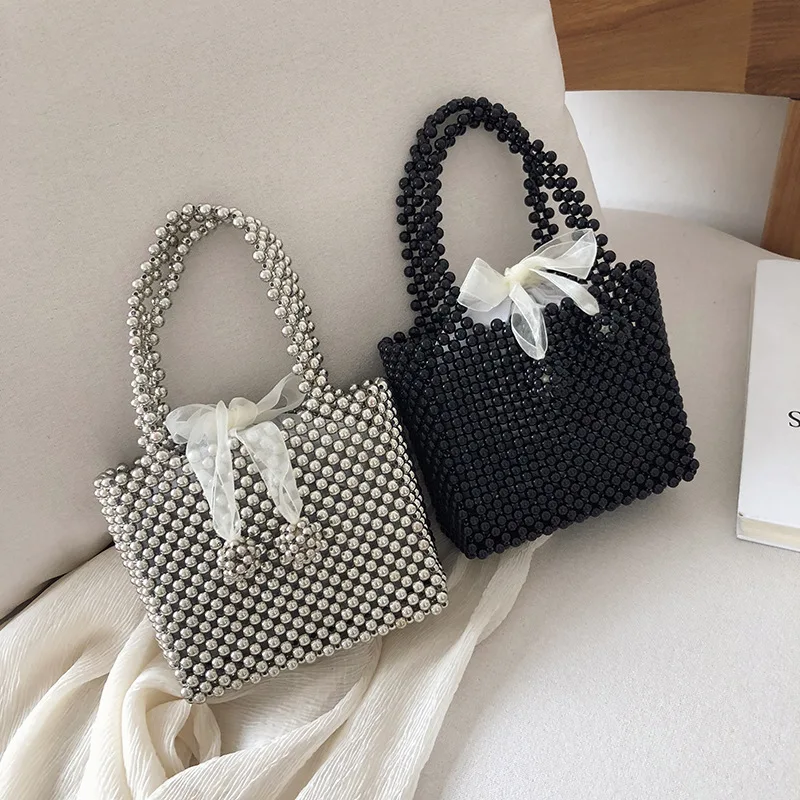 Handmade Women\'s Pearl Bag Hand-knitted Beaded Handbag Bead Shoulder Crossbody Bag Evening Clutches Purses Ladies Hand Bags