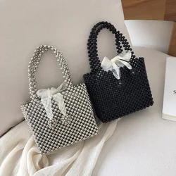 Handmade Women's Pearl Bag Hand-knitted Beaded Handbag Bead Shoulder Crossbody Bag Evening Clutches Purses Ladies Hand Bags