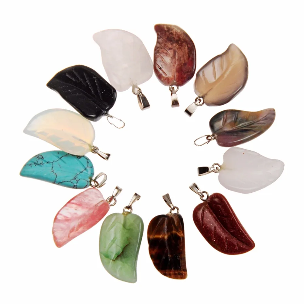 

12pcs Carved Natural Gem Stones Leaf Leaves Graduated Pendant 23*15mm Loose Beads Findings for Sweater Necklace Jewerlry Making