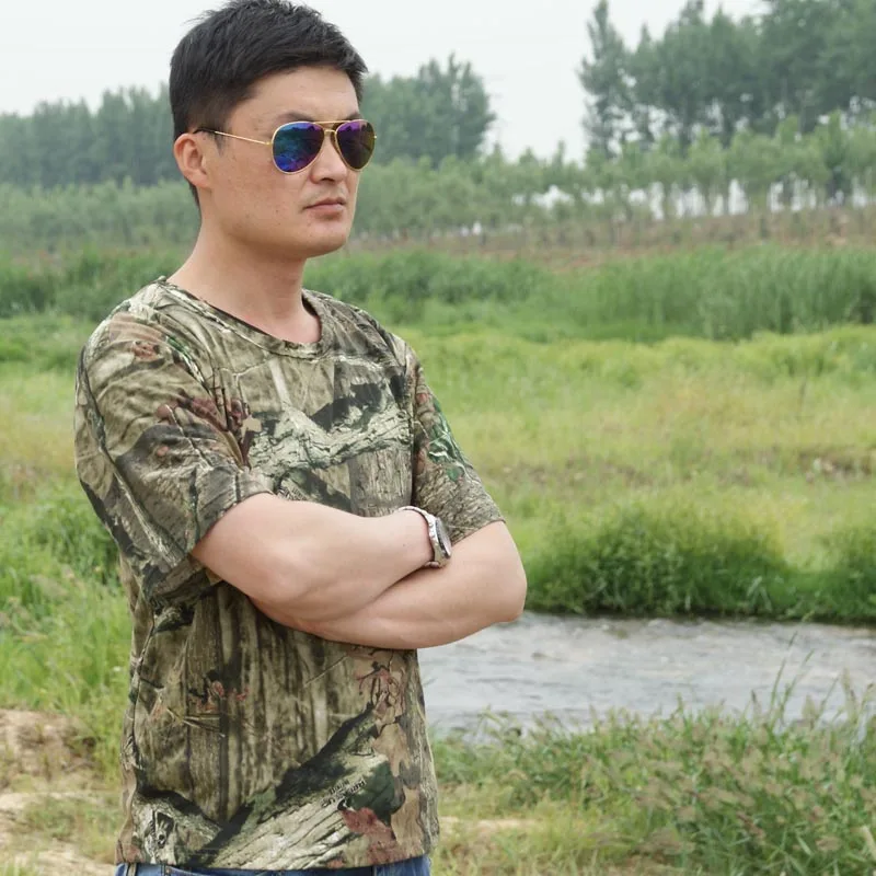 Summer Breathable Bionic Camouflage T-Shirts Tops Hunting Fishing Hiking Camping Round Neck Short Sleeve T-Shirts for Men