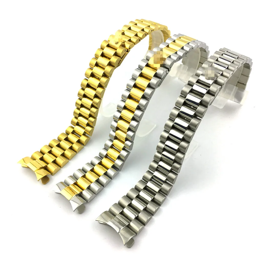 Replacement 20mm Gold Middle Gold Silver Solid Stainless Steel Curved & President Style Bracelet Universal Watch Band Strap