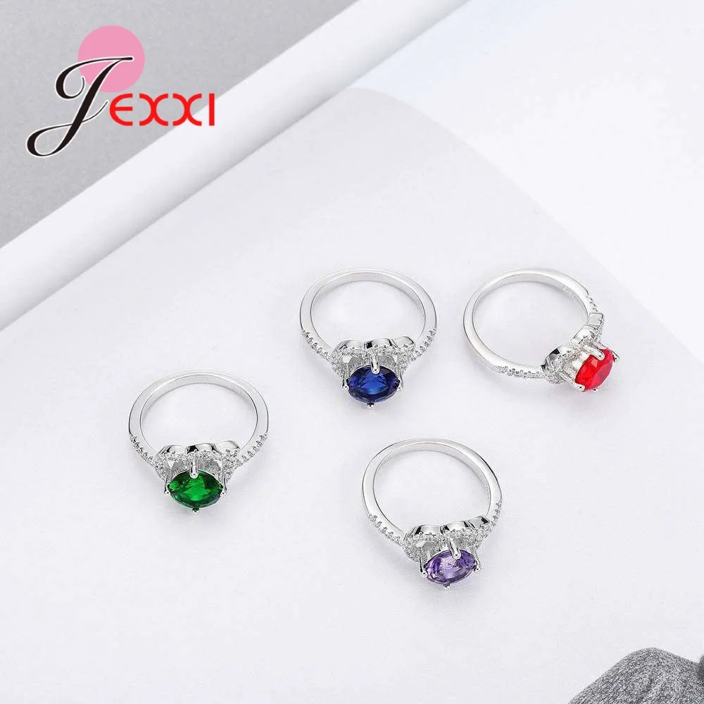 Simple Style 4 Colour Big Round Crystal 925 Sterling Silver Needle Geometric Ring For Women Female Party Jewelry Wholesale