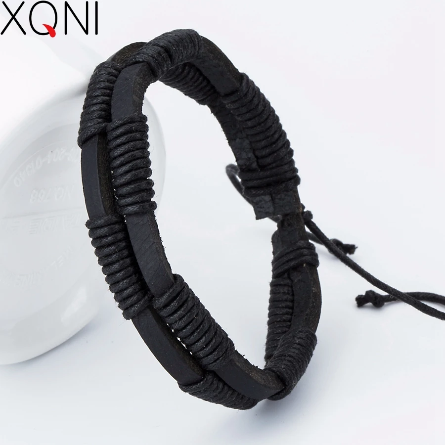 XQNI New Fashion Charm Leather Men\'s Bracelets Popular Alloy Bangles Courage DIY Weave Wrap Bracelets Black color !