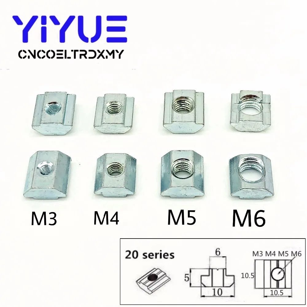 20pcs Zinc Plate Coated M3 M4 M5 M6 T Block Square nuts T-Track Sliding Hammer Nut for Fastener Aluminum Profile 2020