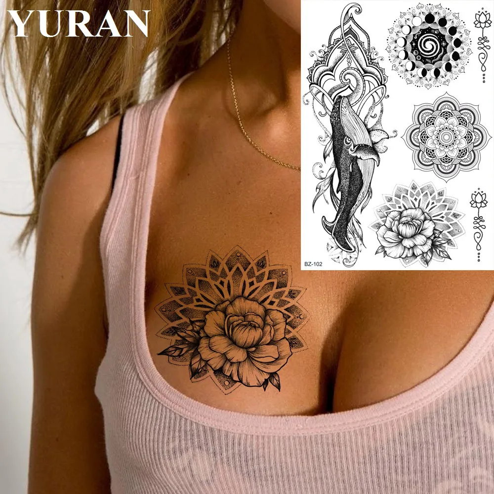 YURAN Chest Sexy Mandala Henna Flower Body Fake Tattoo Stickers Waterproof Custom Whale Tatoos Temporary Arm Black Cosmetic Tato