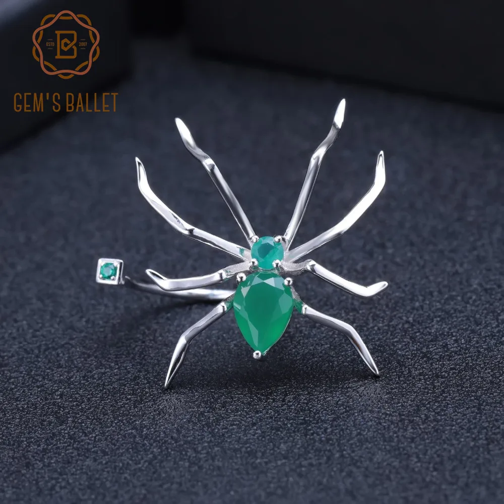 GEM'S BALLET Natural Green Agate Gemstone Spider Rings for Women Pure 925 Sterling Silver Trendy Party Ring Fine Jewelry Gift