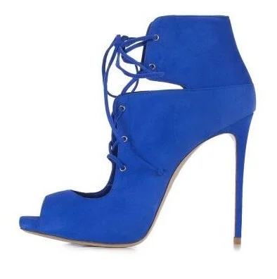 

Sexy Blue Stretch Fabric Peep Toe Lace-up Pumps Women Shoes Cut-out Gladiator Shoes Women Hollow Thin Heels Customized Shoes