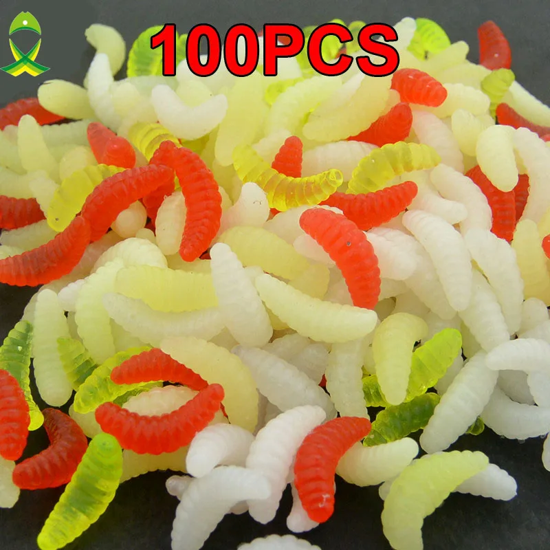 JSM 100pcs Soft Maggot Fishing Lures White Yellow Green Red Mixed Color Luminous Smell Soft Worm Grub Fishing Bait