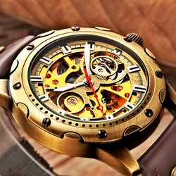 SHENHUA Retro Bronze Skeleton Men Mechanical Automatic Watches Male Sport Leather Self Winding Business Clock Relogio Masculino