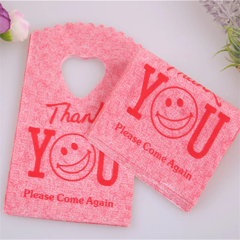 Fashion Style Wholesale 50pcs/lot 9*15cm Red Mini Thank You Packaging with Smile Face Small Plastic Bags For Birthday