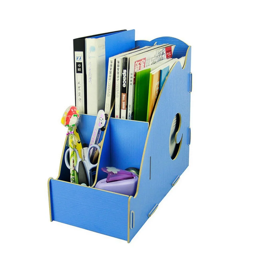 Blue Georgie Eco-friendly Hollow Out 4 Girds DIY Wooden Desk Organizer Office Cubbyhole Dorm Storage Box Magazine Holder