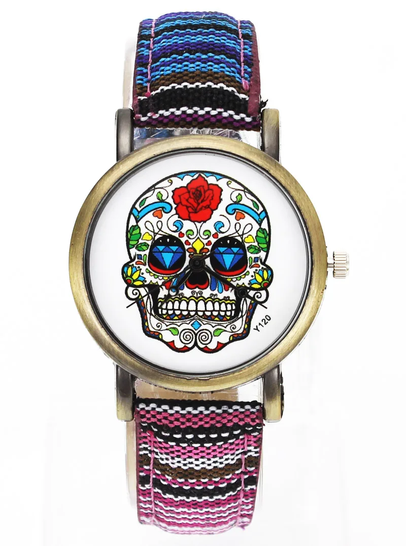 Skull Skeleton Halloween Fashion Rose Flowers Watch Men Women Military Denim Band Strap Analog Quartz Wrist Watches