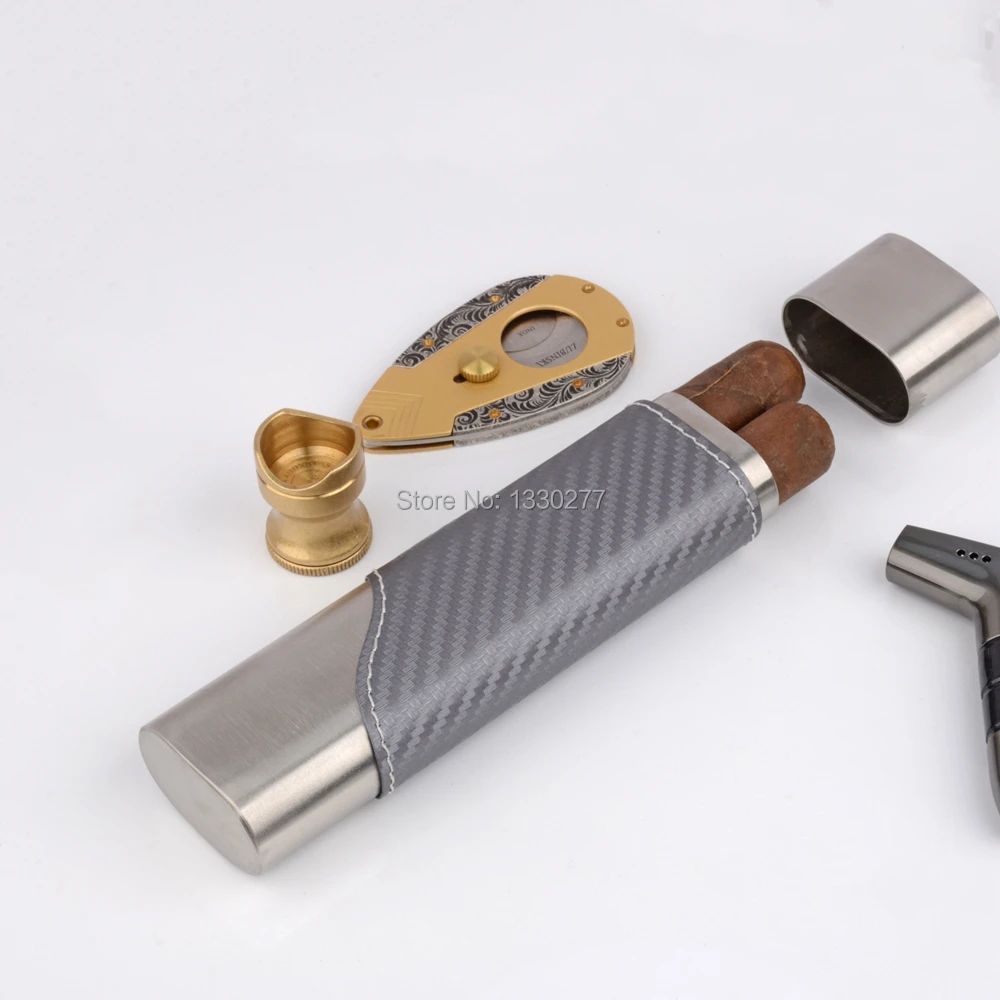 

Stainless Steel Cigar Case Gray Carbon Fiber Cigar Holder Protect Mini Humidor 2 Fingers 54Rings Cigar Best Smoking Accessory