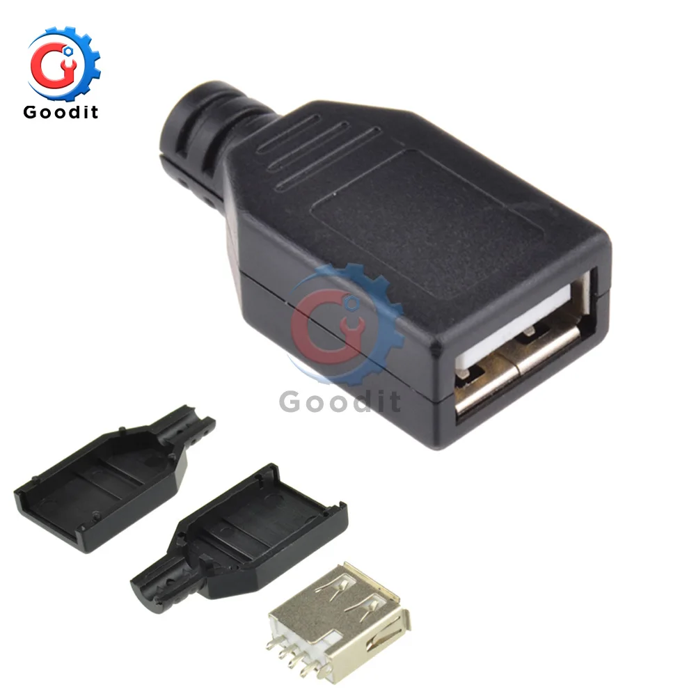 USB 2.0 A 타입 수컷 암컷 USB 4 핀 플러그 소켓 커넥터, 블랙 플라스틱 커버, A 타입 DIY 키트, 10 개