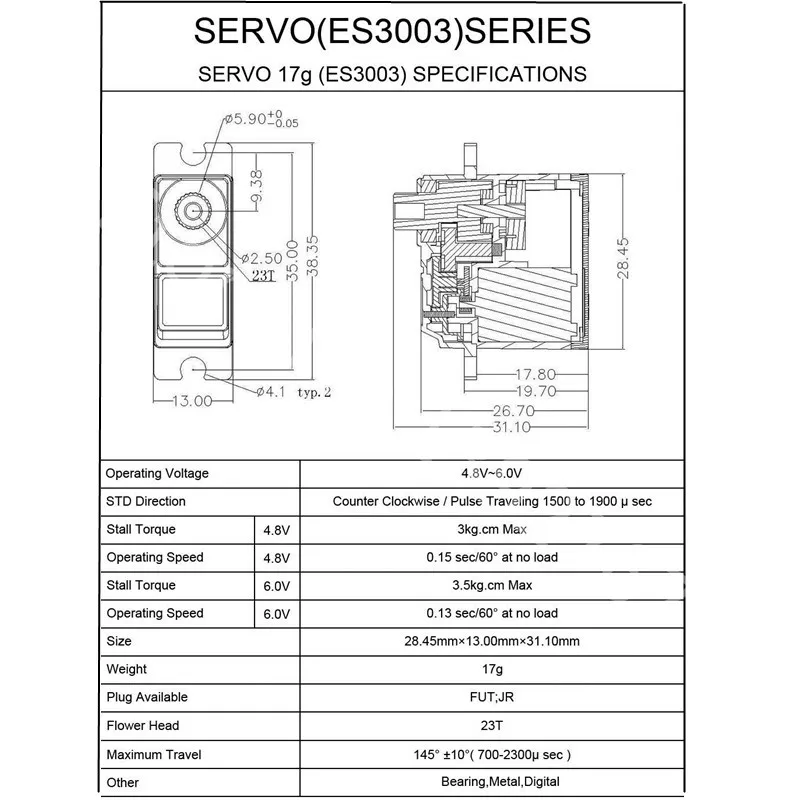 EMAX ES3003 Analog Servo Motor 4.8-6.0V Voltage 17g 3.5kg 0.13sec 23T Plastic Gear For RC Helicopter Plane Airplane