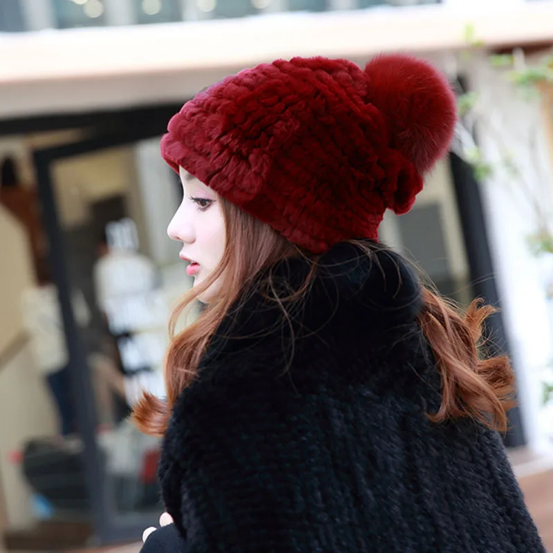 Knitted Real Rex Rabbit Fur Hat Women Genuine Fur Hats With Fox Fur Pompom Ladies Fashion Russia Fur Cap Female Winter Beanie