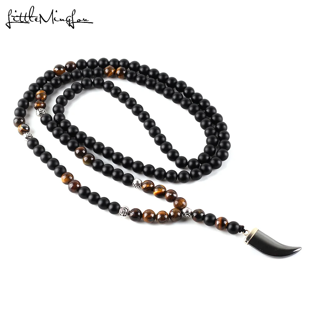 2019 Luxury Long Necklace Tiger Eye Natural Stone Beads Men's Black Hematite Horn Tooth Pendants Necklace Geometry Jewelry Gift