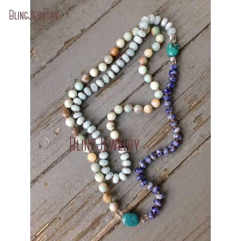 

Chic Long Layering Necklace With Turquoises and Crystal Accents Hand Knotted NM20601