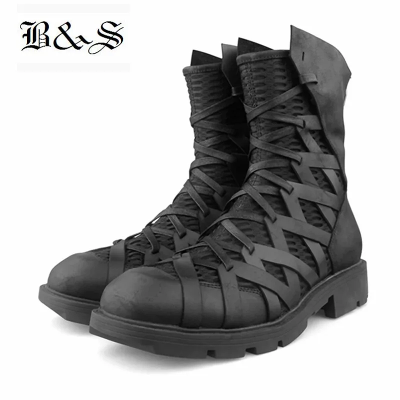 

2019 Vintage genuine Cow Leather Mesh Breathable personalized patchwork Hip Hop motorcycles fashion Boots