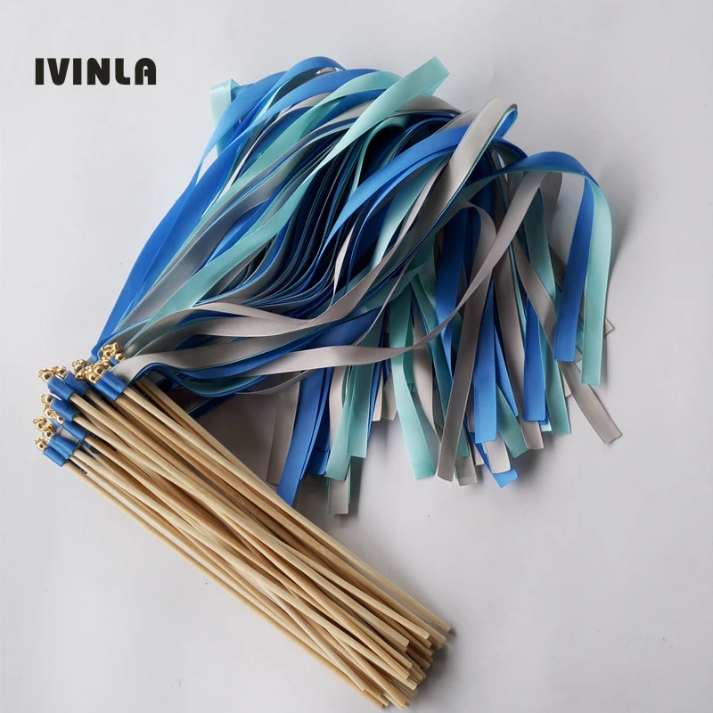 50PCS Green blue and grey  Wedding ribbon Wands with gold Bells for wedding decoration