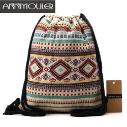 Annmouler-Bolsa de Ombro Vintage para Mulheres, Saco de Cordas Estilo Boêmio, Organizador de Viagem, Saco Tribal de Algodão