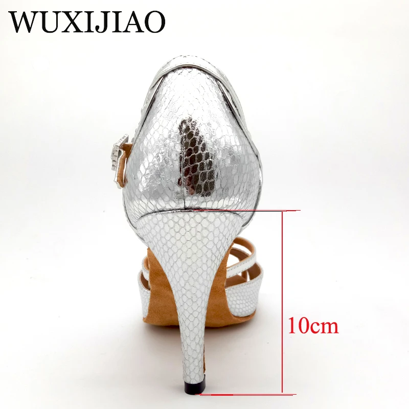 WUXIJIAO 2018 New Women Snake texture PU Silver Shoes For Dance Shoes Ladies Latin Ballroom Salsa Dance Shoes Sandals