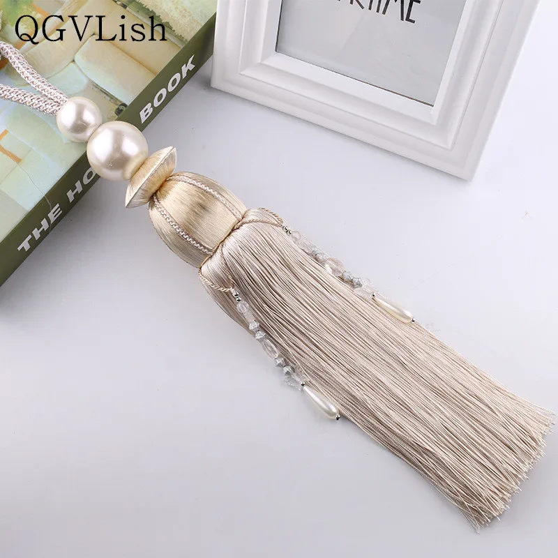 

QGVLish 2Pcs Pearl Beads Curtain Tiebacks Tassel Fringe Curtain Hanging Ropes Brush Buckle Straps Curtain Accessories Home Decor