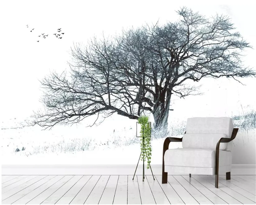 

Beibehang Custom photo wallpaper modern Nordic abstract big tree black and white Heavy snow tree background wall 3d wallpaper