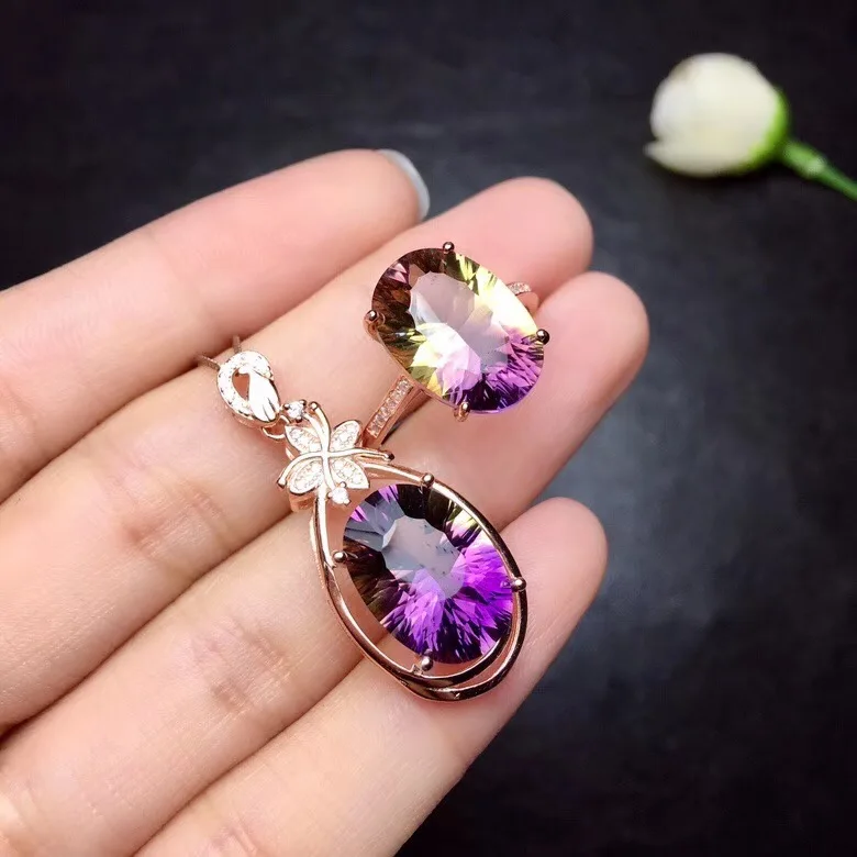 

beautiful purple yellow ametrine gemstone ring necklace jewelry set 925 silver big size natural gem women party birthday gift