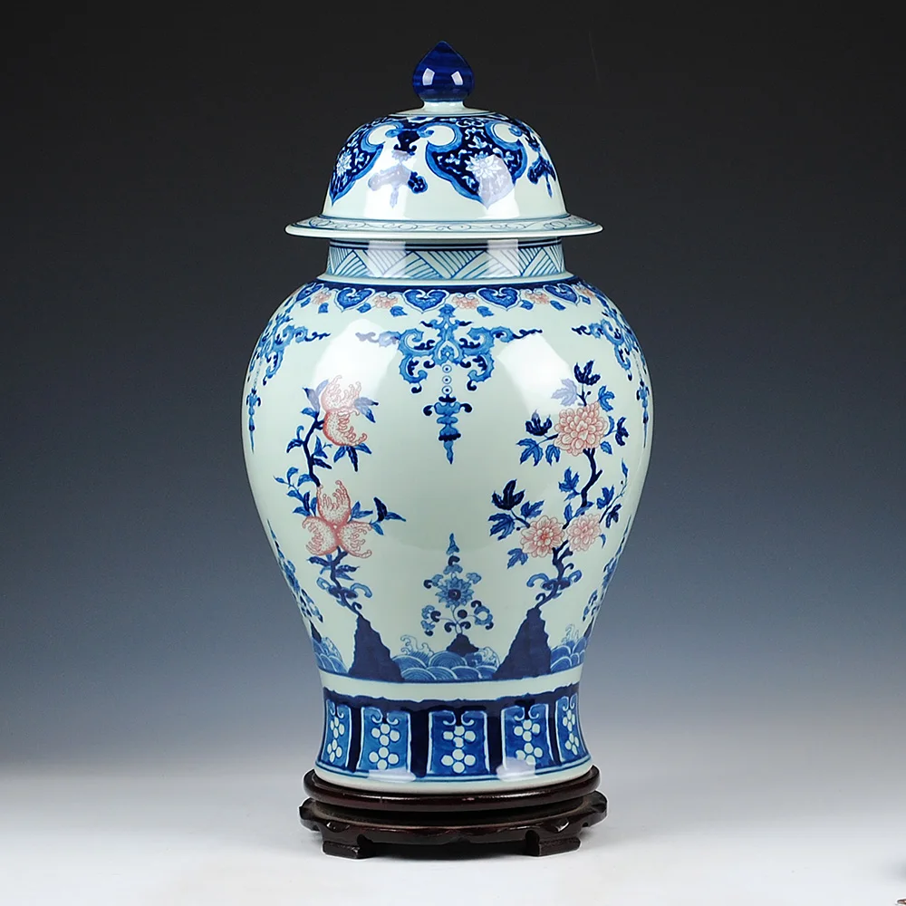 Jingdezhen Glaze Antique ginger jar Blue And White Red Temple Jar Storage pot Living Room Decoration porcelain ceramic jar vase