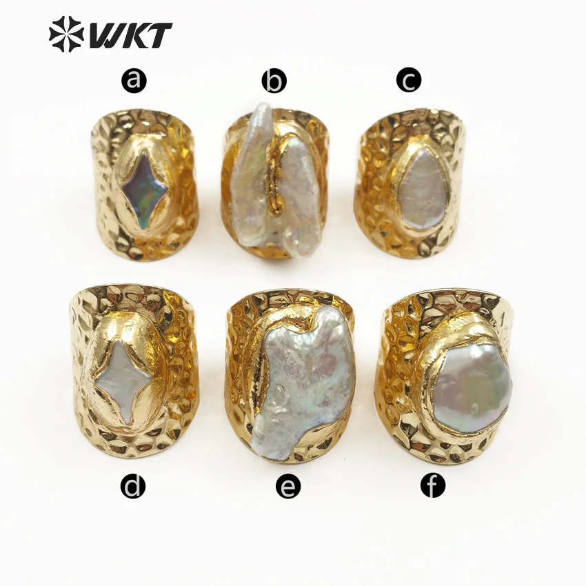 WT-R328 WKT Classic Vintage Bohemian Natural Pearl Decorated With 18k Gold Wide Shape Adjustable Fine Unisex Jewelry Ring