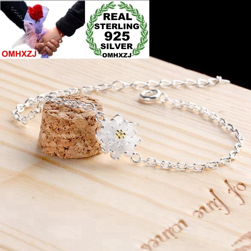 OMHXZJ Wholesale Romantic Fashion Sweet For Woman Girl Wedding Gift Golden Fresh Lotus 925 Sterling Silver Bracelet Bangle SZ119