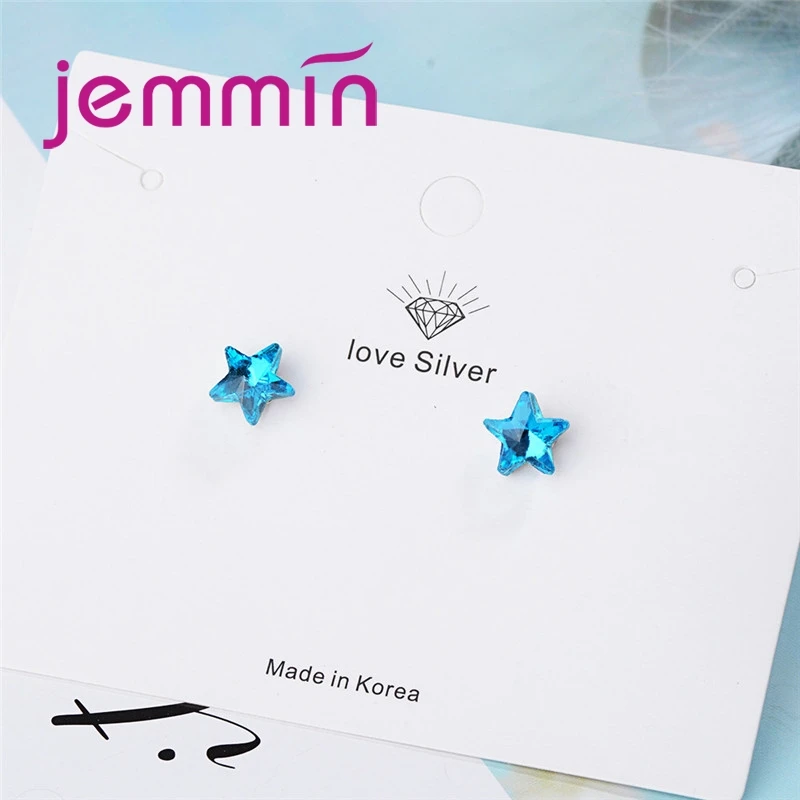 New Attractive 925 Sterling Silver  Jewelry Full Blue Rhinestones Statement Star Stud Earrings Ladies Festival Surprise