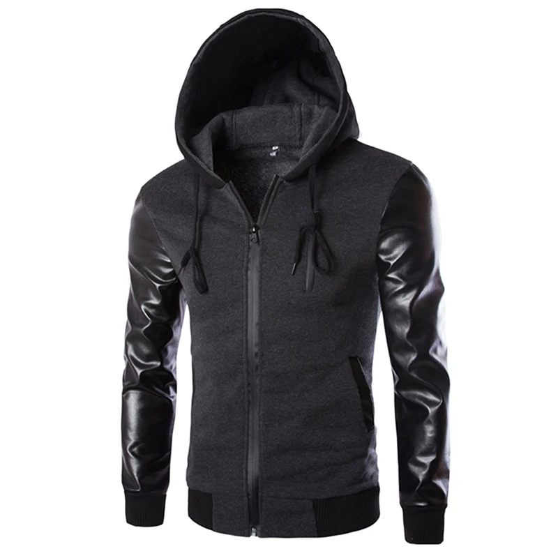 Mens Hoodies Patchwork Leather Sleeve Fashion Hoodies Men Jacket Coat Brand Sweatshirt Slim Fit Pullover Tracksuits Masculino