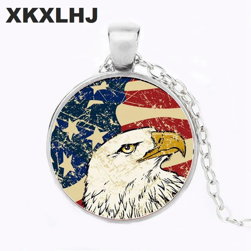 XKXLHJ Retro American Flag Time Gem Necklace USA Star and Eagle Pattern Handmade Photo Crystal Glass Pendants Necklaces Jewelry